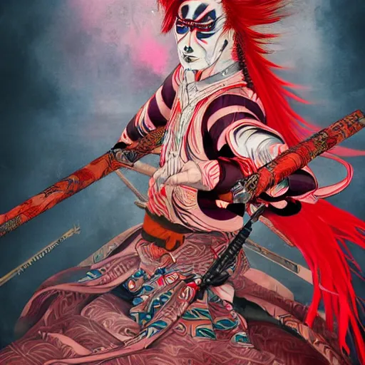 Image similar to an insane kabuki warrior wielding a spear while emitting a distorting psychedelic aura of madness, intricate hakama, red wig, crossed eyes, hazy atmosphere, high energy, trending on artstation, detailed concept art,