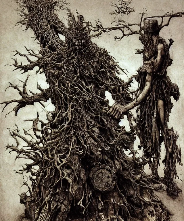 Prompt: Large chainsawheaded man-semichainsaw with chainsaws instead of hands dressed in chainsaws. Extremely high detailed, fine details, realistic, solo, fantasy art, masterpiece, art by Zdzisław Beksiński, Arthur Rackham, Dariusz Zawadzki