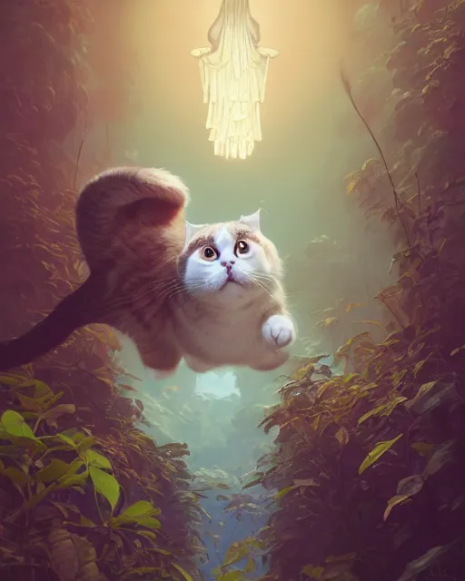 Image similar to highly detailed surreal vfx portrait of a sacred scottish fold cat, stephen bliss, unreal engine, greg rutkowski, loish, rhads, beeple, makoto shinkai and lois van baarle, ilya kuvshinov, rossdraws, tom bagshaw, alphonse mucha, global illumination, detailed and intricate environment