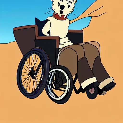 Image similar to a study of cell shaded cartoon of a wolf in a wheelchair from howl's moving castle ( 2 0 0 4 ) on a desert road, full body, wide shot, very muted colors, post grunge, studio ghibli, laurie greasley, highly detailed, deviantart, art by artgem