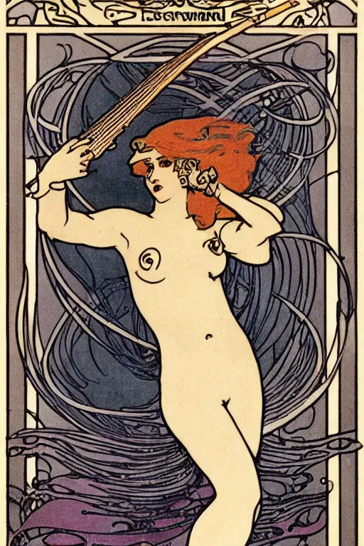 Image similar to illustration of a mermaid playing an electric guitar, Art Nouveau by Mucha