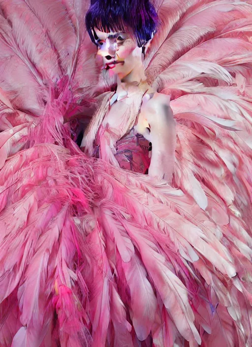 Prompt: beautiful young girl with an pink eccentric haircut wearing an dress made of feathers dancing on stage, artwork made by ilya kuvshinov, inspired in donato giancola, hd, ultra realistic, reflection, stage