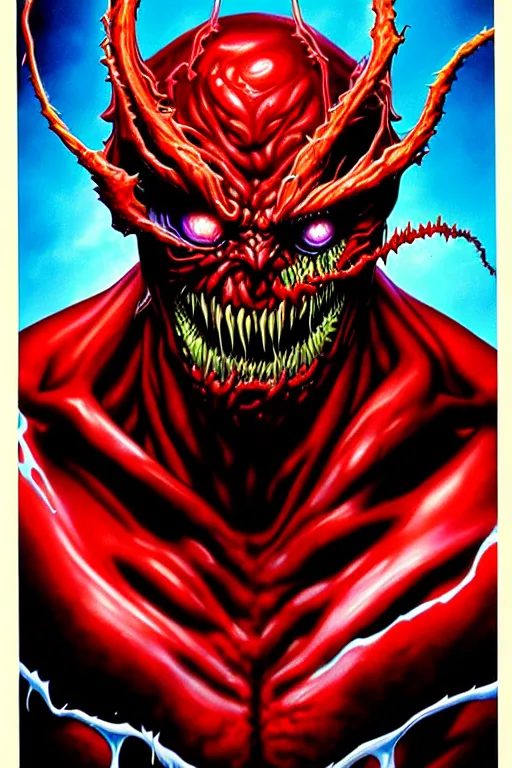 Image similar to airbrush portrait of carnage from marvel masterpieces trading cards by dimitri patelis