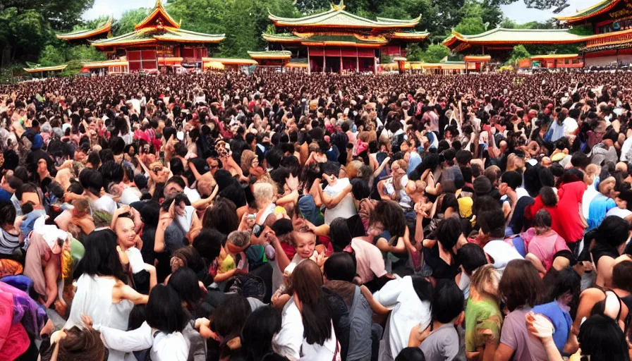 Prompt: moshpit at the buddhist temple