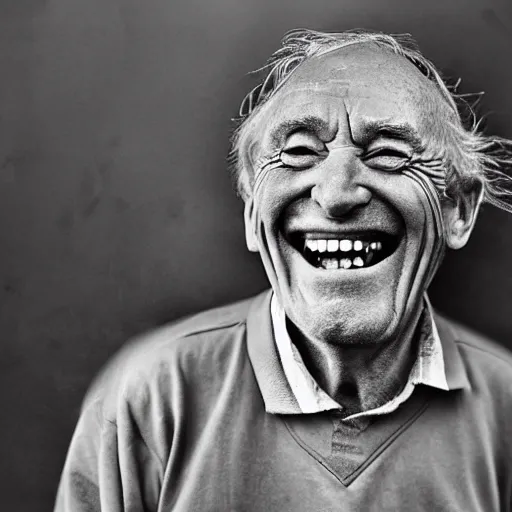 Prompt: highly detail older man laugh, 4 k uhd, black and white color, by banksy