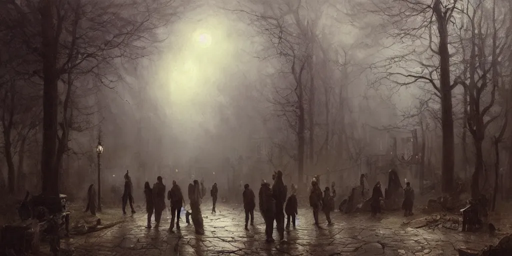 Image similar to streets of innsmouth during the night in a forest, lovecraftian atmosphere, people standing up in front of the house, mystical fog, oil on canvas, art by andreas achenbach, clemens ascher, tom bagshaw and sabbas apterus,