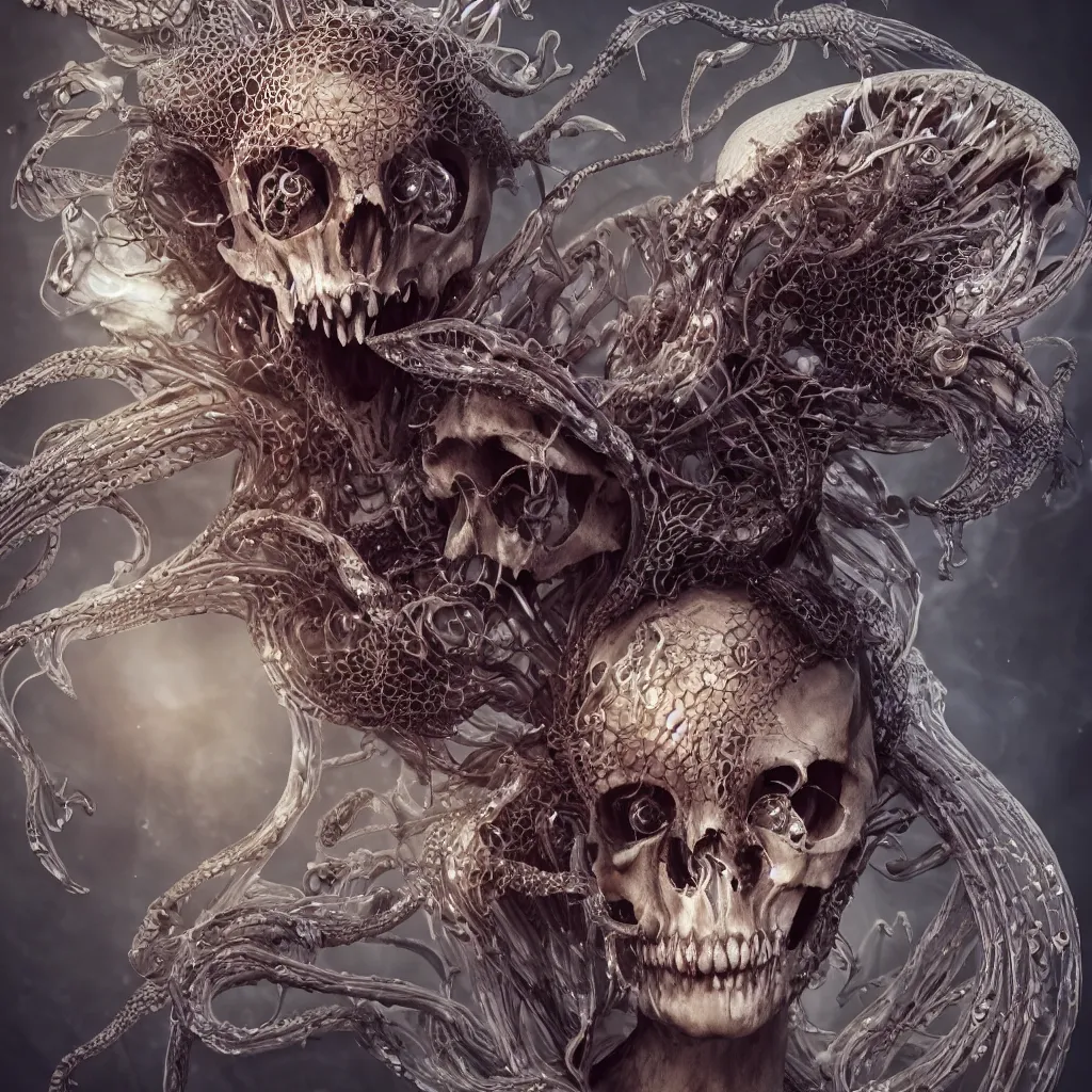 Image similar to close-up macro portrait of the face of a beautiful princess with animal skull mask, epic angle and pose, ribcage bones symmetrical artwork, 3d with depth of field, blurred background, cybernetic jellyfish female face skull phoenix bird, translucent, nautilus, energy flows of water and fire. a highly detailed epic cinematic concept art CG render. made in Maya, Blender and Photoshop, octane render, excellent composition, cinematic dystopian brutalist atmosphere, dynamic dramatic cinematic lighting, aesthetic, very inspirational, arthouse. y Greg Rutkowski, Ilya Kuvshinov, WLOP, Stanley Artgerm Lau, Ruan Jia and Fenghua Zhong