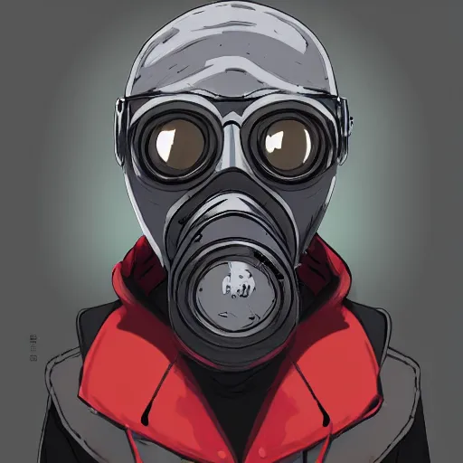 Image similar to hooden villain wearing a gas mask with red goggles, smoke coming out of his long coat, dark background, wall with graffiti, unreal engine 5, ultra realistic, detailed, fog, studio ghibli inspired,