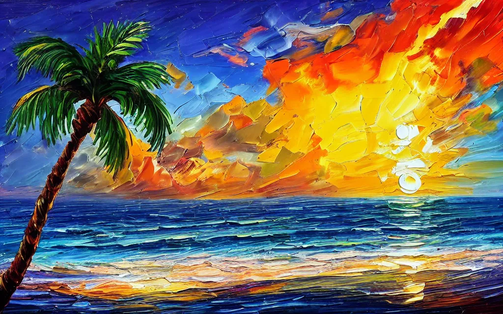 Image similar to in a big sea is a small island with a cute cozy cottage on it and a paved courtyard with benches and string lights, palm trees, sunset, puffy clouds, dramatic and dynamic lighting, thick brush strokes oil impasto painting