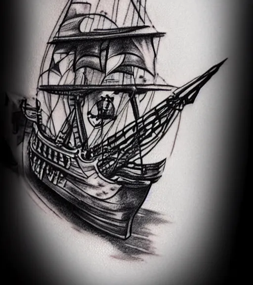 Image similar to A realistic tattoo design sketch of a pirate ship, white background, black and white, highly detailed tattoo, realistic tattoo, realism tattoo, beautiful shades