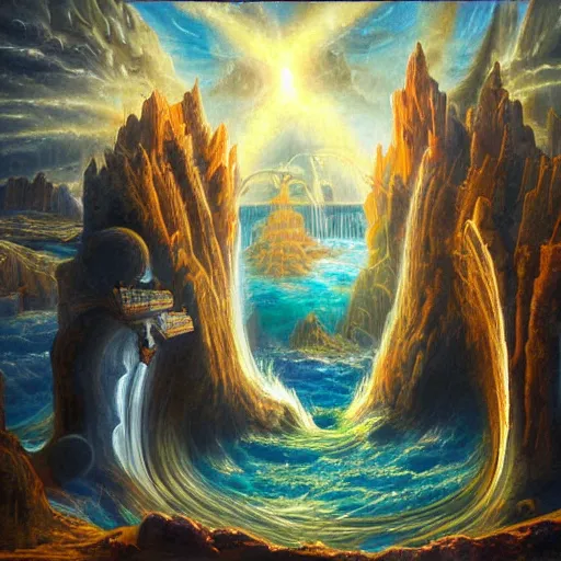 Image similar to highly detailed painting of atlantis opening a portal to another dimension,