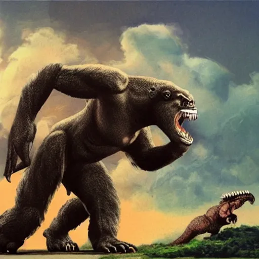 Image similar to t - rex fighting king kong, concept art