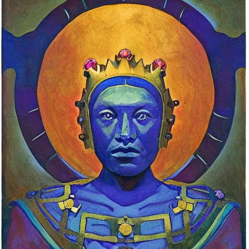 Image similar to the iron crown, by Annie Swynnerton and Nicholas Roerich and Diego Rivera, bioluminescent skin, elaborate costume, geometric ornament, symbolist, rich color, dramatic cinematic lighting, smooth, sharp focus, extremely detailed