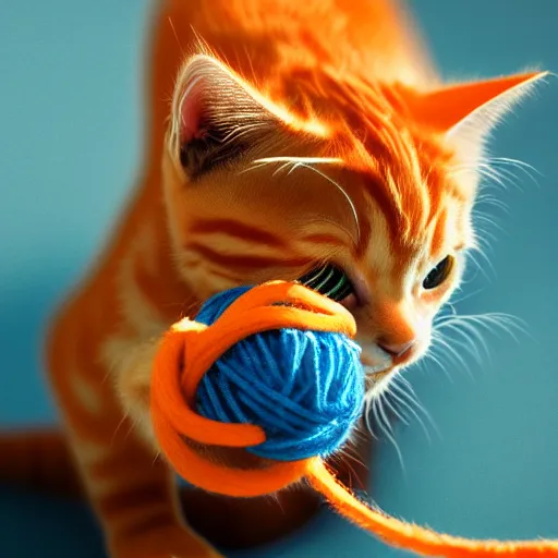 Image similar to orange tabby kitten playing with a ball of yarn, octane render, 4 k