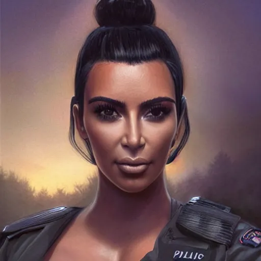 Image similar to kim kardashian as a cop, police uniform, face portrait, scared emotion, haunted forest with ufo sitting in the distant fog, pretty, aesthetic, dust molecules, matte detailed photo, DeviantArt, Artstation, by donato giancola, ralph horley, loish, ufo lighting