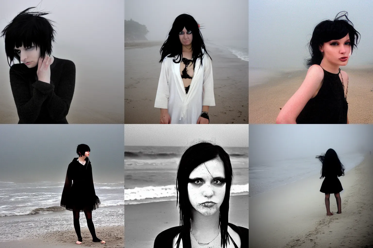 Prompt: an emo goth girl, black hair, on the beach on a cold foggy day, 2006