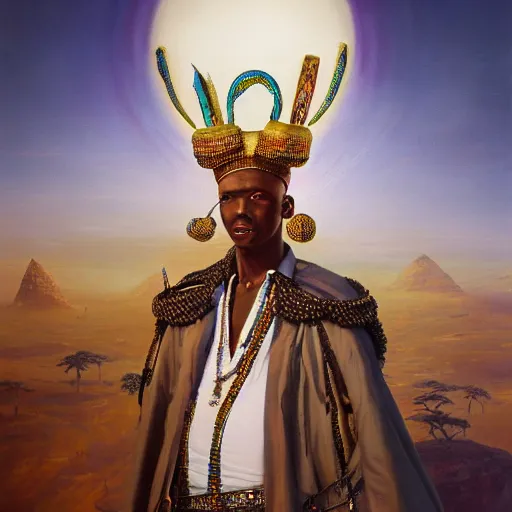 Prompt: an oil on canvas painting of an african moor wearing white robes and turban in the valley of the kings, ornate and decadent steampunk technology, by jeff easley and zdzislaw beksinski and thomas kinkade and afarin sajedi, afrofuturism, cinematic volumetric, retrowave!, surreal psychedelic portrait style, dynamic portrait, 8 k, hd,