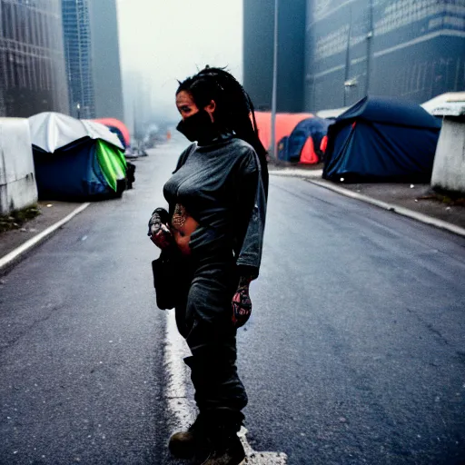 Prompt: Cinestill 50d candid extreme wide shot of a poor techwear mixed woman wearing makeup crying outside of a futuristic city on fire, cyberpunk, tattoos, homeless tents on the side of the road, military police, extreme long shot, desaturated, full shot, action shot, blurry, 4k, 8k, hd, full color