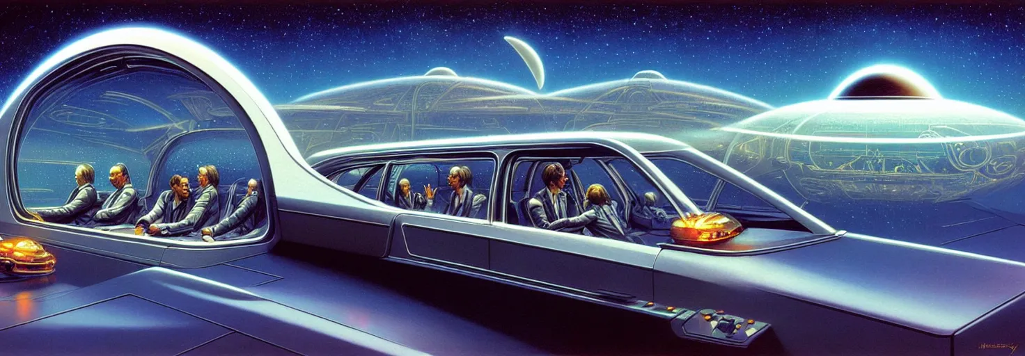 Prompt: Traveling space in a big glass car, intricate, elegant, highly detailed, digital painting, artstation, concept art, matte, sharp focus, illustration, art by Michael Whelan, Robert T. McCall, Chesley Bonestell and James Gurney.