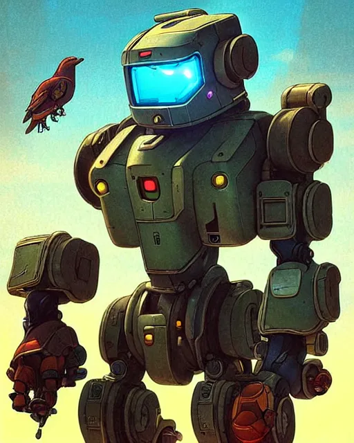 Prompt: bastion the friendly robot from overwatch, with his pet bird, character portrait, portrait, close up, concept art, intricate details, highly detailed, vintage sci - fi poster, retro future, vintage sci - fi art, in the style of chris foss, rodger dean, moebius, michael whelan, katsuhiro otomo, and gustave dore