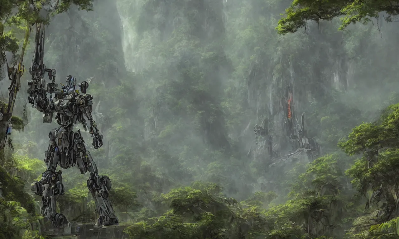 Prompt: A detailed matte painting of a mecha archer in the jungle, by Carne Griffths, Brian Despain, artstation