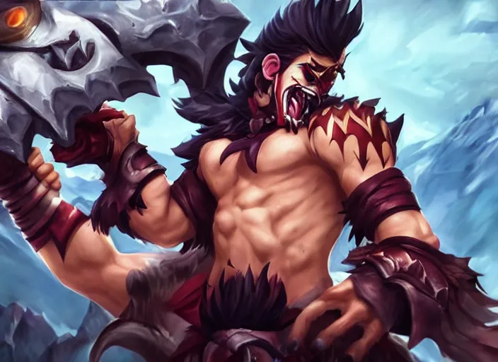 Prompt: champion splashart of Draven holding a draven and doing draven things