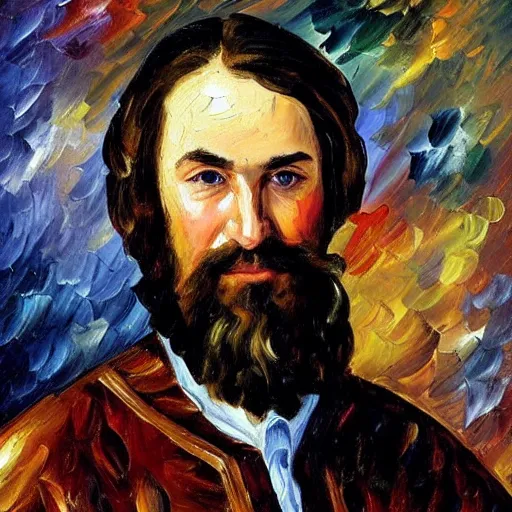 Prompt: portrait of a middle aged medieval nobleman with a long face, long brown hair and a closely - trimmed beard which is beginning to go grey. by leonid afremov