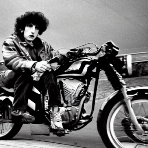 Prompt: bob dylan on a motorbike with his guitar