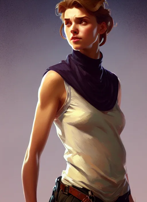 Image similar to portrait of a full body of beautiful young female detective, d & d, sleeveless turtleneck, fantasy, flat lighting, intricate, highly detailed, digital painting, artstation, concept art, smooth, sharp focus, illustration, art by simon bisley and greg rutkowski and alphonse mucha, natural tpose