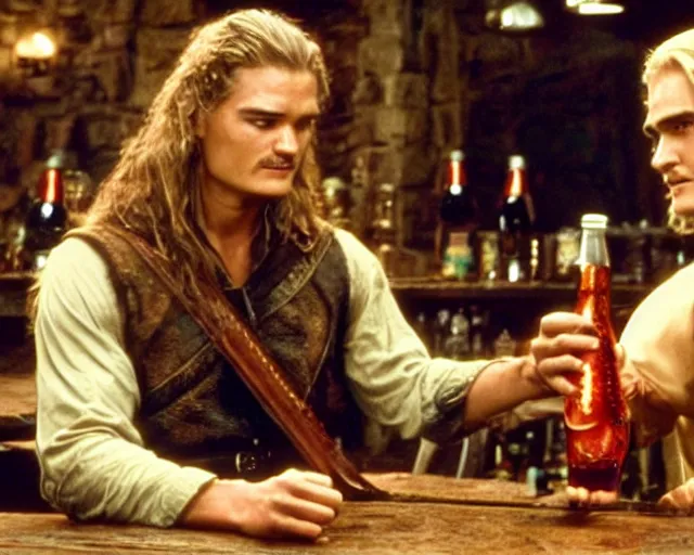 Image similar to Will Turner and Legolas drinking cola in the pub, film still, high detail