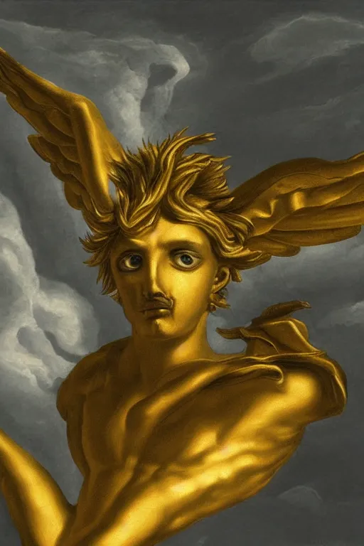 Image similar to fallen angel Lucifer, angry face, closeup, ultra detailed, made in gold, Guido Reni style