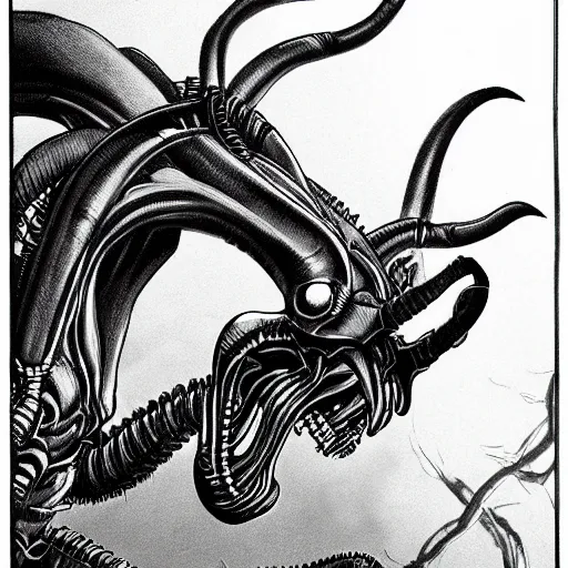 Image similar to Xenomorph by Kentaro Miura, highly detailed, black and white