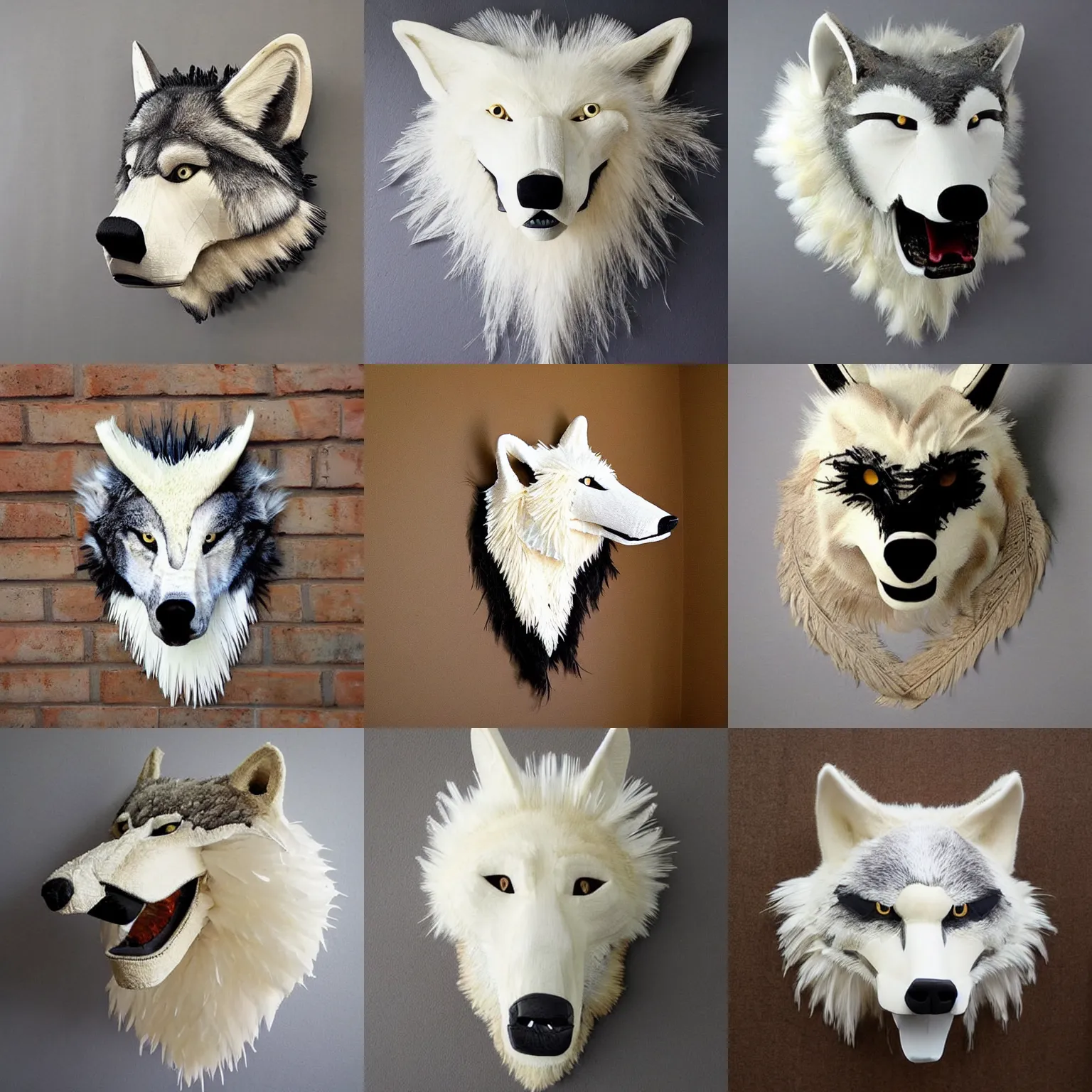 Prompt: a cool realistic aggressive wolf head made of ivory feathers and lace