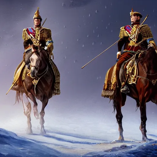 Image similar to an extremely realistic portrait depicting the coronation of viktor orban dressed in royal national costume, riding a horse on the frozen danube, detailed, intricate, elegant, highly detailed, digital painting, artstation, concept art, smooth, sharp focus, illustration,