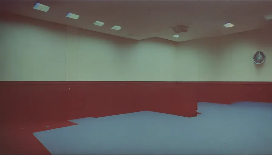 Prompt: 60s movie still of a sovietic stalinist style empty ballroom with blue beds, cinestill 800t 50mm eastmancolor, liminal Space style, heavy grain, flash-s 150