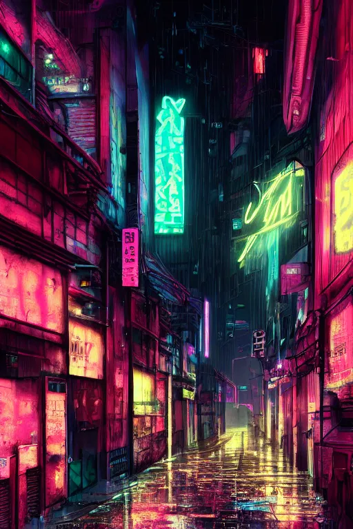 Prompt: street view of a cyberpunk alley, in the style of Blade Runner, rainy weather, neon lighting, vaporwave, retro wave, synthwave, highly detailed, digital painting, concept art, illustration, artstation, Roger Deakin's cinematography, Liam Wong, photo-realistic, 8k