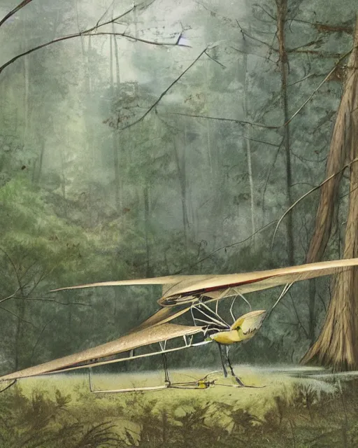 Prompt: ornithopter abandoned in a forest, illustration by hiro isono, art station