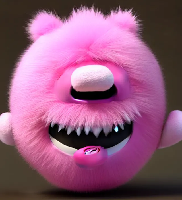 Image similar to high quality 3 d render hyperrealistic very cute big pink little spherical creature with big happy mouth, smile, plush mascot, short spiky dense fluffy smooth hair, isometric view, pink fluffy fur, 1 5 0 mm, beautiful natural soft light, rim light, smooth background, artstation, ultra detailed, elegant, ultra detailed, metallic armor, octane render