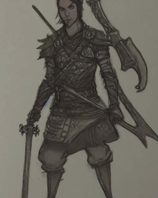 Image similar to a pencil concept art of a D&D character, holding a sword mad by Pen Tacular