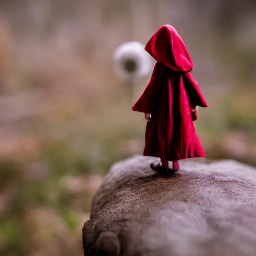 Prompt: a cinematic film still of a claymation stop motion film starring emma watson as little red riding hood, looking at wild wolf, shallow depth of field, 8 0 mm, f 1. 8