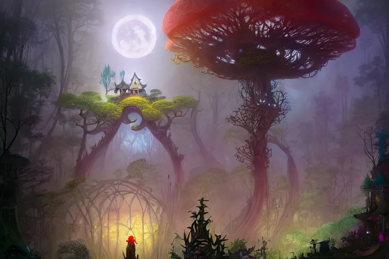 Prompt: huge mansion from hundertwasser and gaudi in a deep mystical forest with a cute japanese garden around it, mushrooms and dense exotic vegetation, tall people walking and discussing, dynamic lighting, art by peter mohrbacher on artstation, fantasy art, night sky with moon