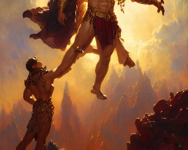 Image similar to attractive heroic male deity, casts magic, summoning handsome heroic lucifer morning star. highly detailed painting by gaston bussiere, craig mullins, j. c. leyendecker 8 k