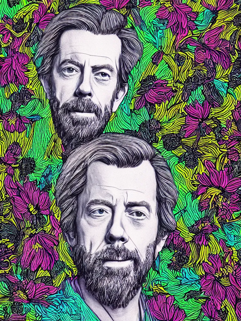 Image similar to portrait of alan watts, with a floral pattern background, illustrated with neon colored pencils on black paper