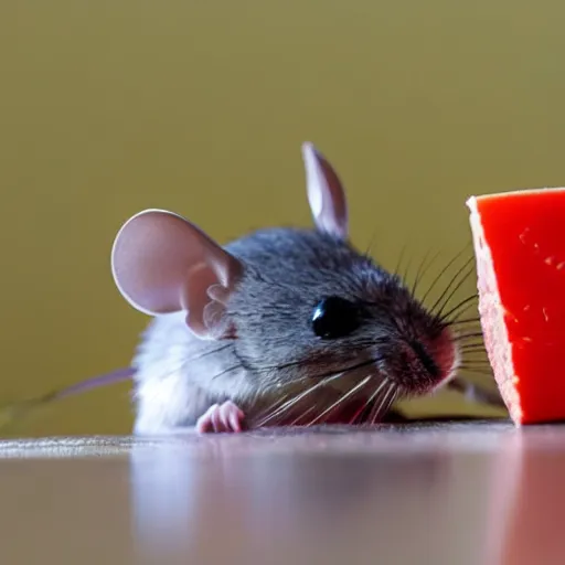 Prompt: a small blue mouse eating a piece of red cheese