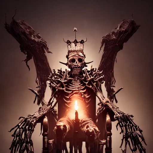 Image similar to a portrait of a necromancer with glowing eyes, wearing a crown of bones, tattered robes, skeletal, sitting atop a throne of bones, gazing out at his legion of the dead, realistic, 8k, ambient lighting, cinematic lighting, depth of field, wide shot,