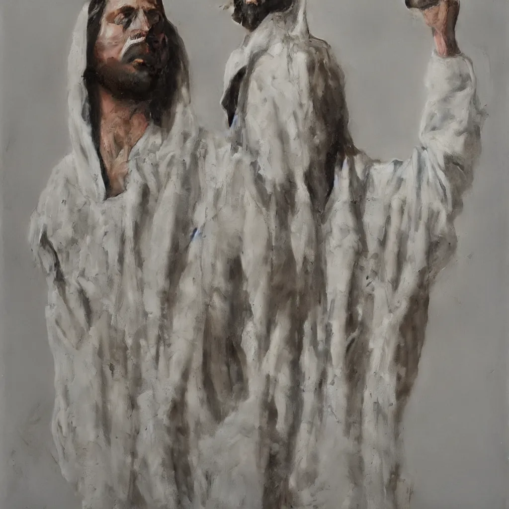 Image similar to a full body lookbook portrait of modern - day jesus wearing cream yeezy menswear collection by nicola samori, hat and hoodie, detailed, oil painting, hyper realistic, 8 k, yeezy collection