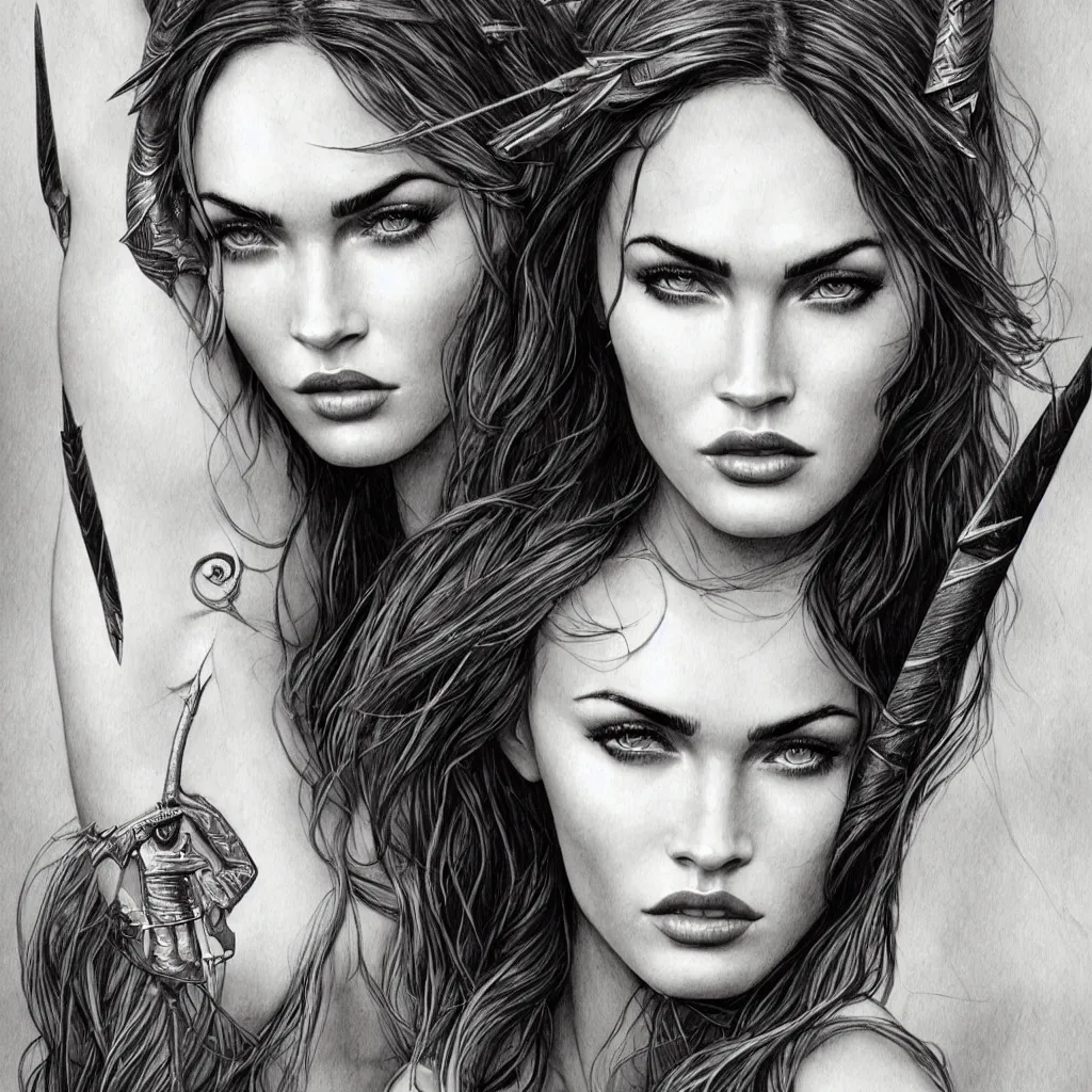 Image similar to portrait of beautiful megan fox as greek goddess aphrodite, archer, arrow on the head, beautiful piercing eyes, flowing blonde hair, realistic face, black and white drawing, in the style of greg rutkowski, fantasy, amazing detail, epic, intricate, elegant, smooth, sharp focus