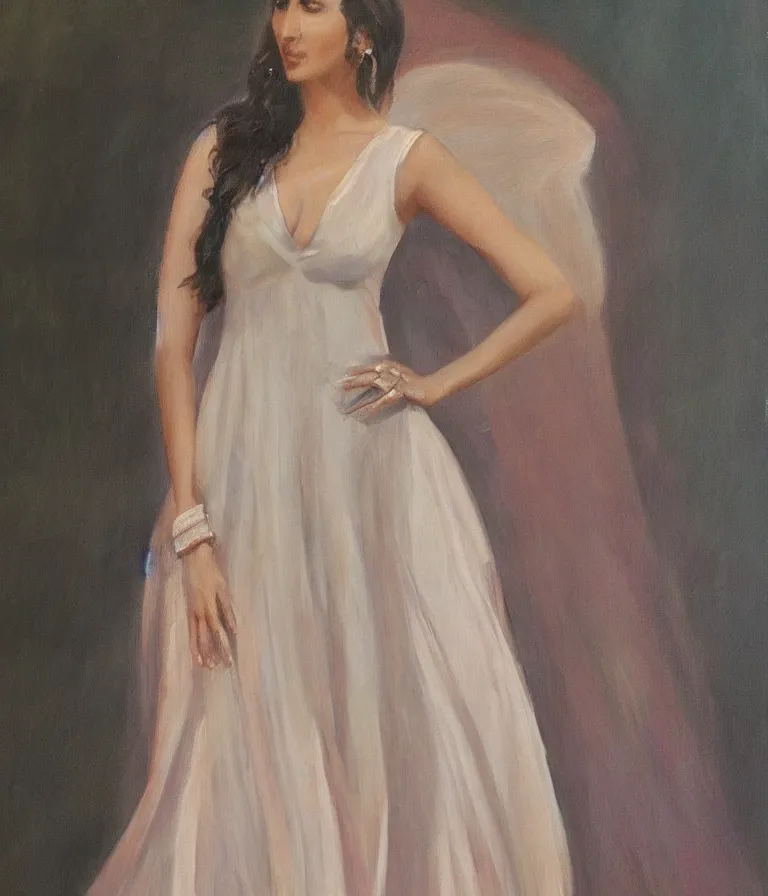 Image similar to Kiara Advani in V-neck dress. history painting, dusk, flowy dress Kiara Advani, artstation, oil on canvas, by Albert Aublet, Private Collection