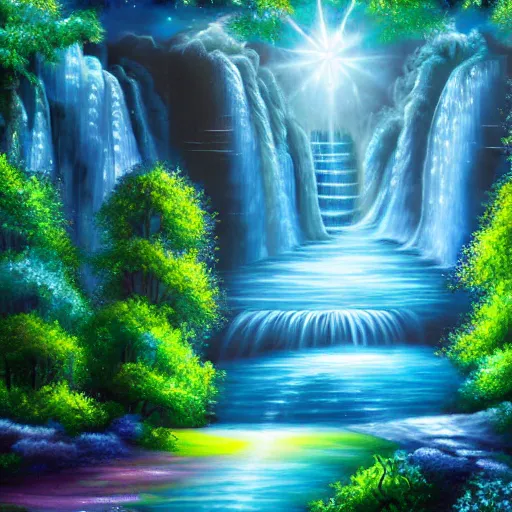 Image similar to mystical sparkling landscape with luminescent indigo and cyan trees and terraced waterfalls detailed airbrushed painting 4 k