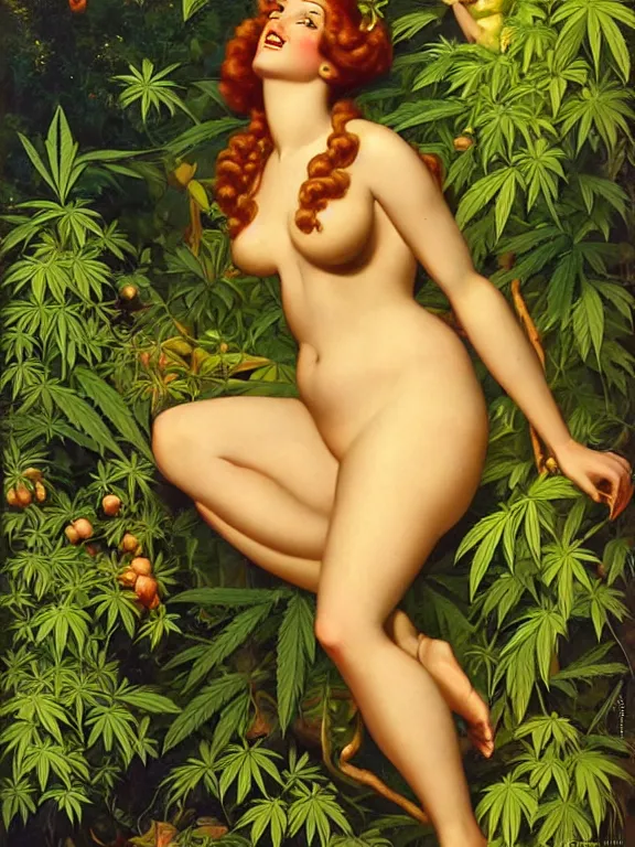 Image similar to The goddess Mary Jane in a bikini made of marijuana, a beautiful art nouveau portrait by Gil elvgren, lush jungle environment, centered composition, defined features, golden ratio, golden jewelry